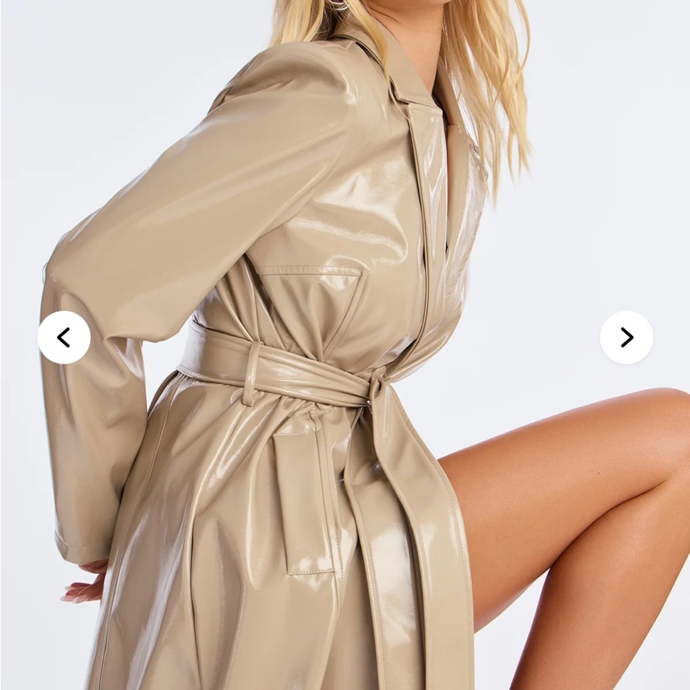 NWT Fashion Nova taupe beige Glossy Beige Leather Trench Coat long maxi xs - Picture 3 of 6